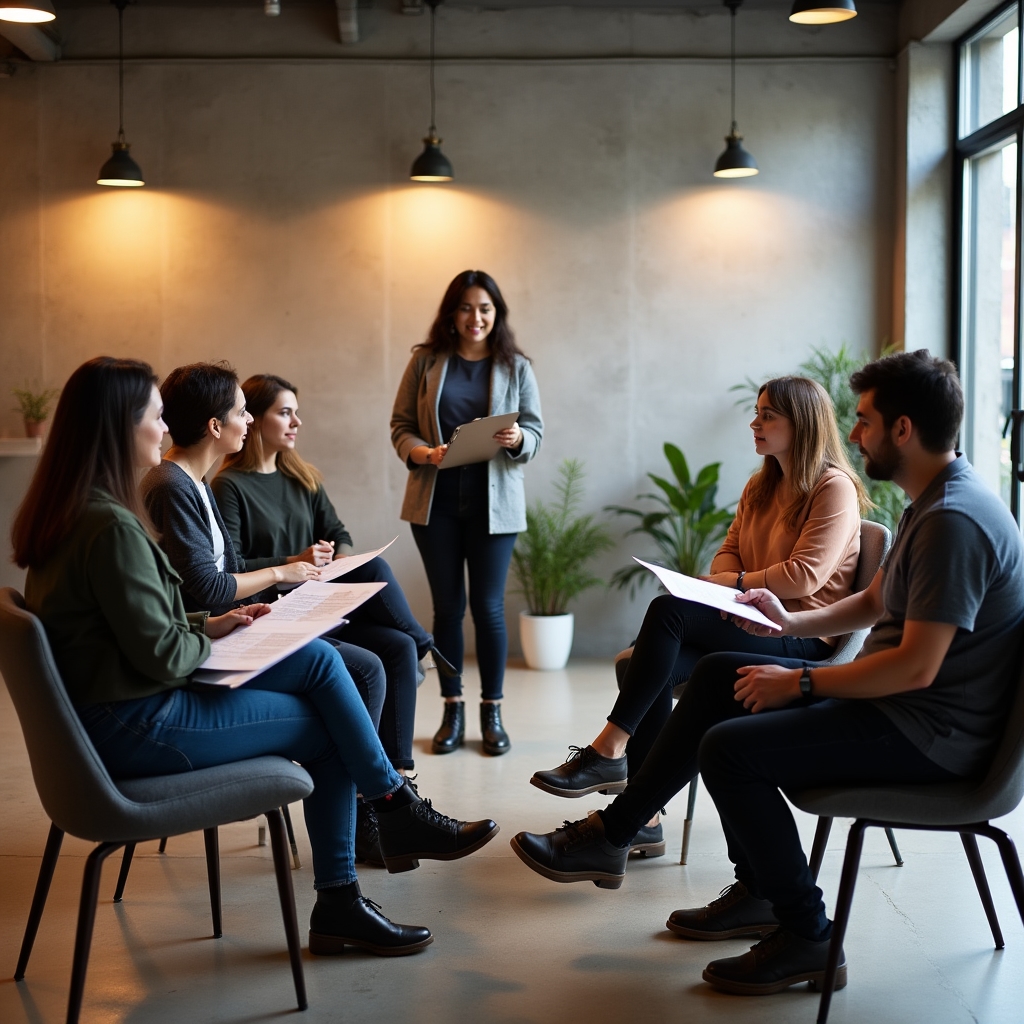 Grupo pequeño de personas trabajando juntas en un taller sobre hábitos económicos